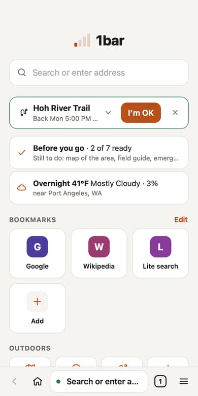 1bar on a phone: a search box, the trip in progress with an I'm OK button, the trip checklist, the forecast and bookmarks