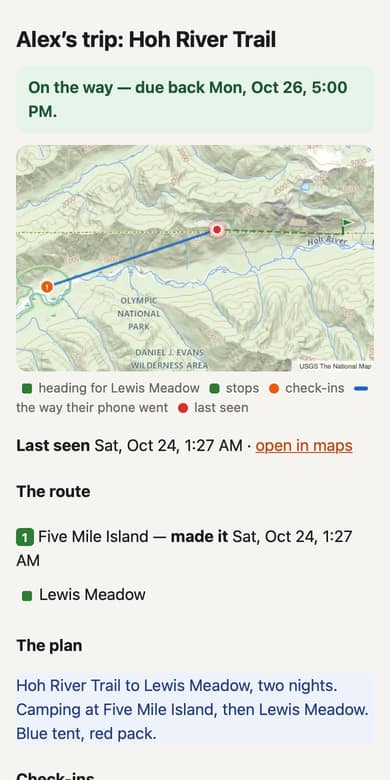 A contact's trip page: on the way, due back Monday 5 PM, a topographic map of the route and check-ins, the stops and the plan